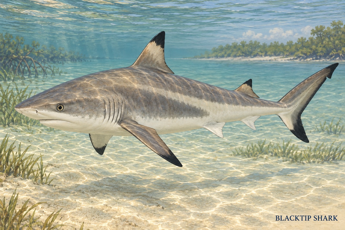 Natural-history painting: Blacktip shark