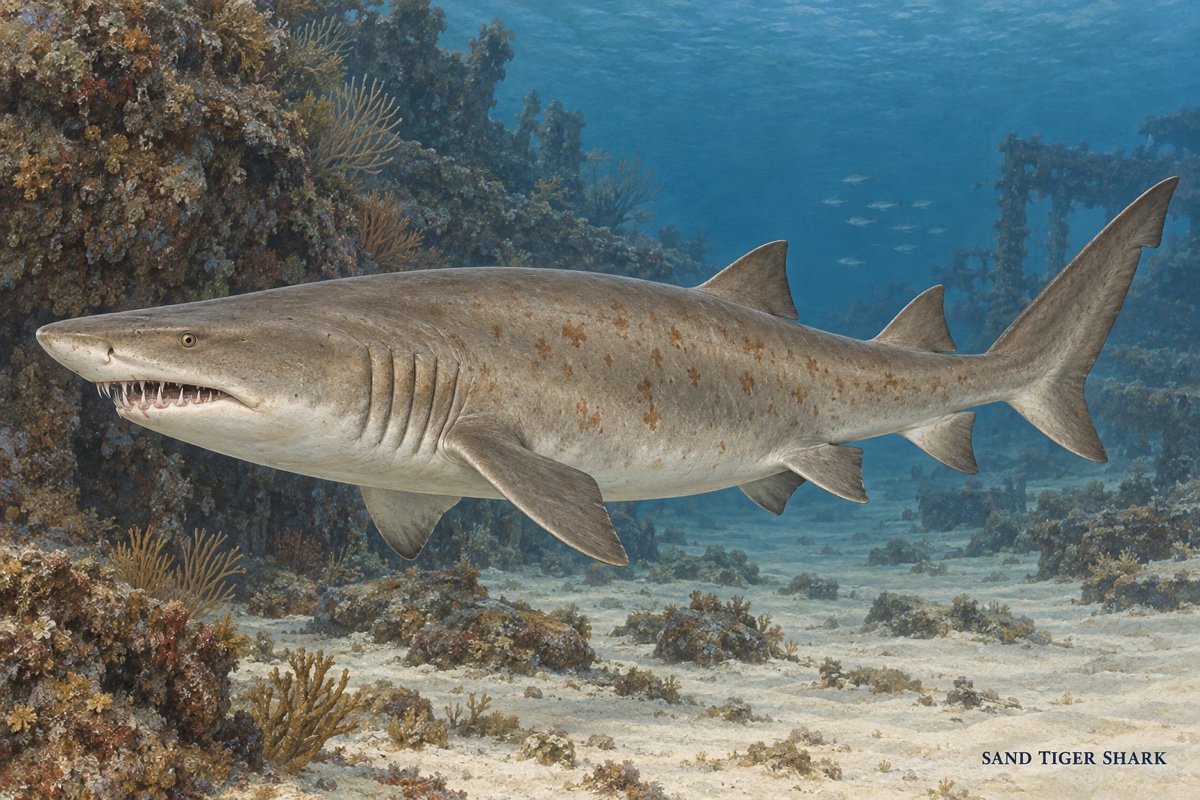 Natural-history painting: Sand tiger shark