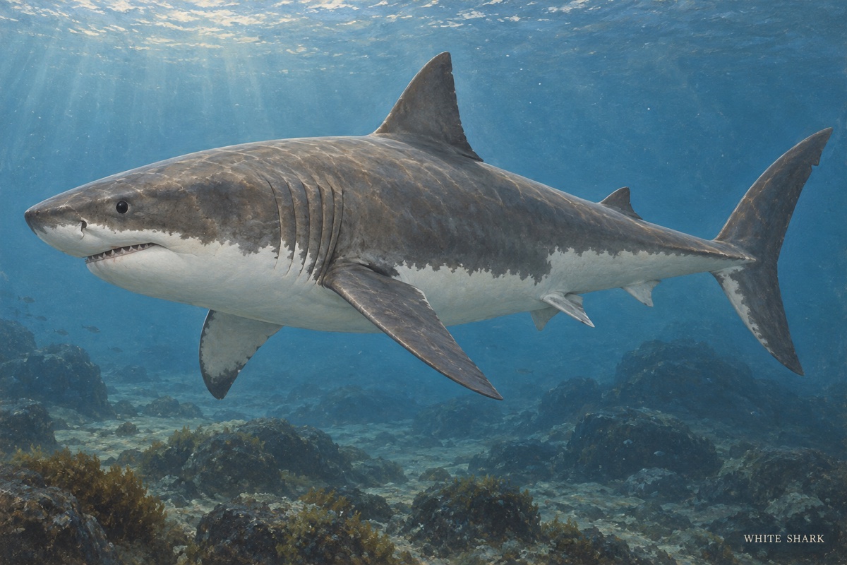 Natural-history painting: White shark
